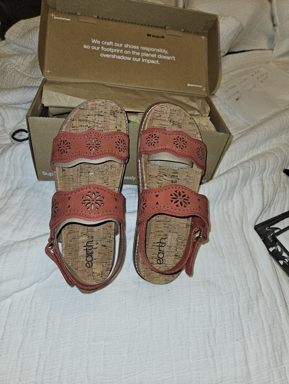 New! Earth Origins Womans Red Double Strap Sandals with Floral Cutouts